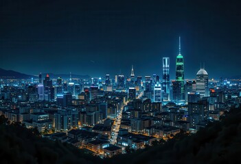 Fototapeta premium Cityscape at night with illuminated skyscrapers and busy streets in a vibrant urban area