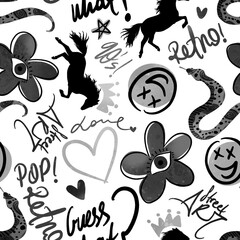 Abstract Hand Drawing Retro Pop Art Graffiti Icons and Hand Writing Slogans Seamless Pattern Isolated Background