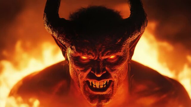 Demon face in hellfire, fiery eyes, horns, evil expression
