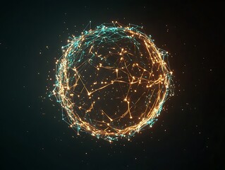 A glowing lattice network forming a cybernetic sphere in a black environment.