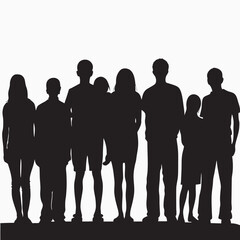 Black silhouettes of a business team and a crowd of people standing create a vector illustration