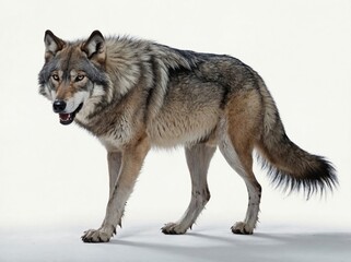 A full-body side view of a wolf in a stalking position