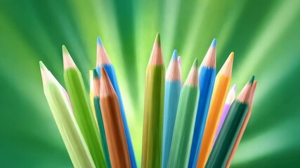 Colorful Pencils Arranged in Circular Pattern with Light Beams on Vibrant Green Background - Powered by Adobe