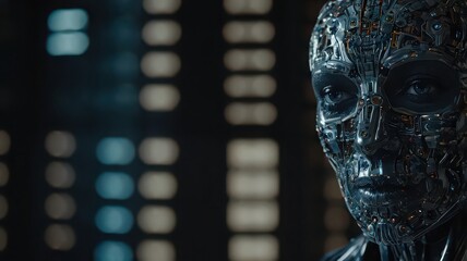 Close up of a robotic face with visible circuitry and a blurred background of lights behind it