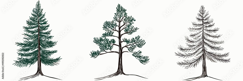 Poster set of three hand drawn pine trees with detailed branches and roots in minimalist flat style isolate