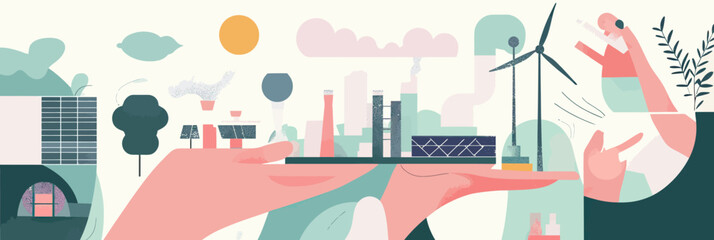 Naklejka premium Hands holding sustainable energy icons including solar panels, wind turbine, factory with smoke, and green plants representing clean technology and eco industry concepts