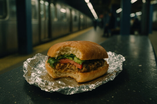 Tasty burger on foil wrapper resting on subway platform