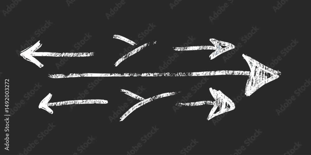 Poster white chalk style sketch arrows pointing left and right with hand drawn rough texture on blackboard 