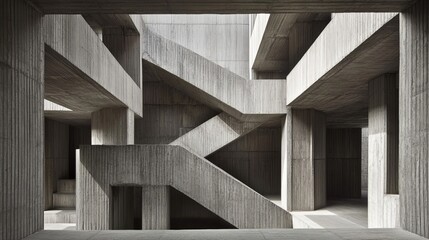 Fototapeta premium Abstract concrete interior design. Complex, angular, concrete structures, stairways