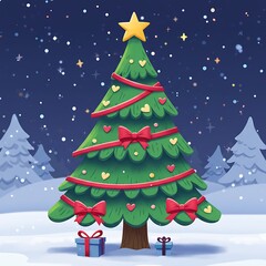 Snowy Night's Christmas Tree: Festive Illustration
