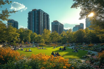 a vibrant urban park with families relaxing on the grass, surrounded by trees
