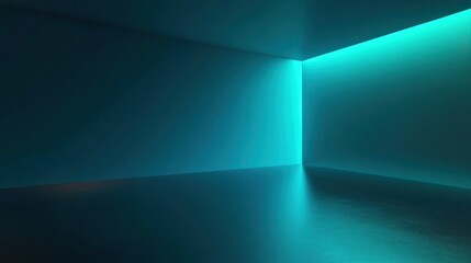 Teal neon light illuminates a dark, empty room corner.
