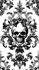Fototapeta premium Skull with Floral Baroque Ornament in Black and White Illustration Pattern Gothic Still Life Close Up