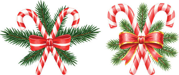 Watercolor Illustration of Crossed Candy Canes, Ribbon, and Evergreen