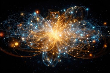 Abstract representation of subatomic particles interacting.  Complex interplay of energy, light, and matter