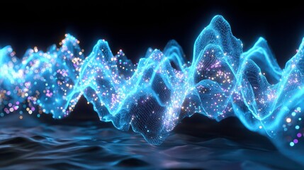 Abstract Waveform Data Visualization, Digital Landscape with Glowing Particles and Network Connection