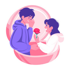 A flat style illustration showing a person giving rose to his wife