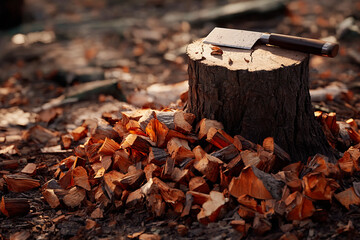 Outdoor rustic scene with tree stump used as a chopping block for firewood with sharp axe on top surrounded by freshly cut firewood.