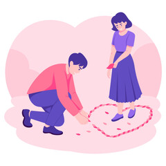 A valentine couple is creating a heart shape with petals, flat style illustration