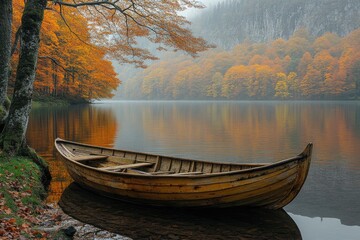 Wooden boat sits still on a misty lake surrounded by colorful autumn foliage. Use for travel, nature, or serene and peaceful imagery.