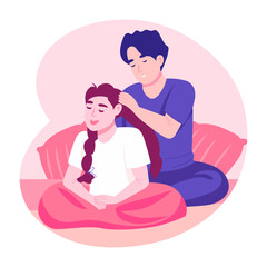 A flat style illustration showing a person braiding hair of his wife