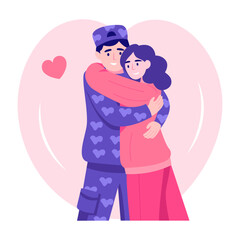A flat style illustration showing a couple doing long hug
