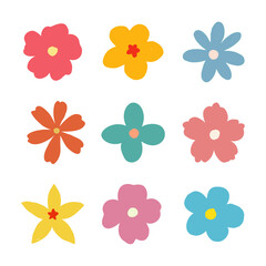 Collection of colorful flower elements in vector format, featuring cute round flower head in various shapes. Hand drawn simple botanical spring blossom art. Abstract flower icon set.