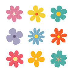 Collection of colorful flower elements vector. Simple cute round flower head in various shapes. Abstract botanical spring blossom art. Organic petal floral design. Flower icon set.