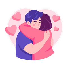 Flat illustration showing a romantic couple giving warm hug to each other