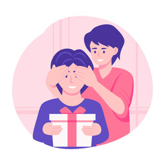 Flat illustration showing a husband giving a surprise gift to his wife