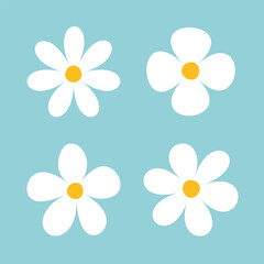 Collection of white flower icon vector. Simple cute round flower head in various shapes. Chamomile, daisy flower set vector. Botanical spring blossom art. Abstract organic petal floral design. 
