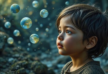 Naklejka premium Child gazing at floating globes in a magical forest setting during early morning light