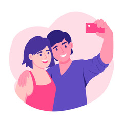 A cute couple taking selfie together, flat style illustration