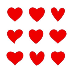 Collection of red heart vector icons. Set of abstract hearts with different shapes. Simple red heart love icon set in various style. Health flat icons on white background.