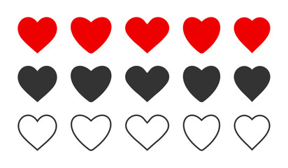 A collection of black and red heart vector icons. Love icons in flat and outline styles with various shapes. Simple style symbolic heart designs for romantic and decorative artwork.
