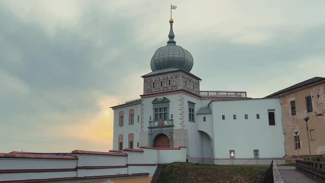 View of the Old Castle on a hill above the Neman River in Grodno. Fortress walls, churches, and a palace. A complex of defensive, religious, and secular structures. Belarus. 4К