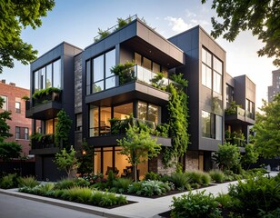 Fototapeta premium Modern Black Apartment Building with Lush Greenery and Stone Accents Architectural Design