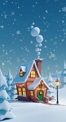 Fototapeta premium Cozy Christmas Cottage: A 3D Winter Wonderland