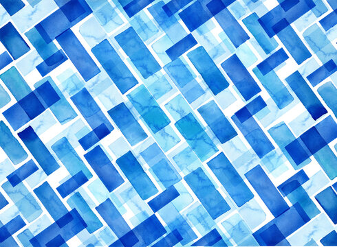 Abstract blue watercolor painting with geometric pattern and copy space