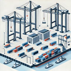 Flat minimalist illustration of a shipping dock with cargo containers and cranes, with sleek lines and organized structure on a white background.