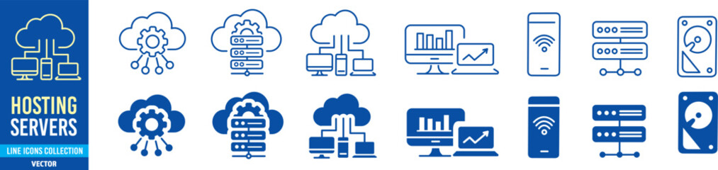 Hosting servers editable line icons set. Vector icons collection illustration.