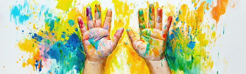 Colorful hands art illustration on white background with vibrant paint splatters creating a playful and creative design, perfect for artistic and expressive themes