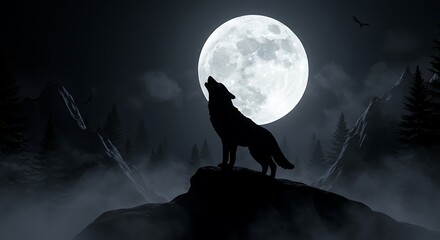 Moonlit Howl: Wolf Silhouette in Misty Mountains