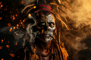 A man in skull face paint and tribal attire holds a smoking pipe against a mystical backdrop. voodoo concept. Generative AI