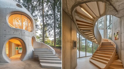 Modern concrete house with unique, curved wooden staircase. Exterior and interior views