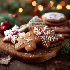 Fototapeta premium Christmas cookies on a wooden board with festive decorations and blurred holiday lights in the background, perfect for holiday baking and seasonal treats