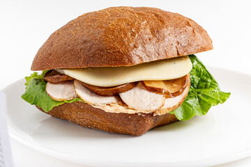 Savor tender chicken, melted cheese, and fresh lettuce in a hearty bun. Enjoy!