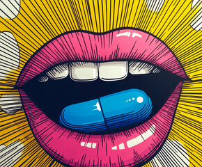 A bold pop art illustration featuring vibrant pink lips holding a blue capsule pill against a dynamic yellow background .