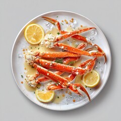 Fresh cooked crab legs served with lemon slices and herbs on a white plate showcasing seafood freshness and delicious presentation in a modern culinary setting