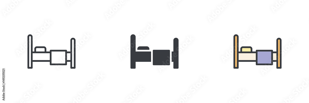 Poster bed with pillow and blanket different style icon set